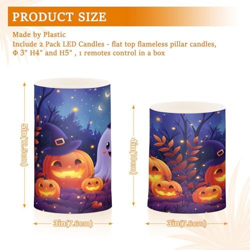 Image of Flickering Flameless Candles, Halloween Ghosts Pumpkins LED Candles with Remote Timer, Set of 2 Battery Operated Candle for Valentine Wedding Birthday