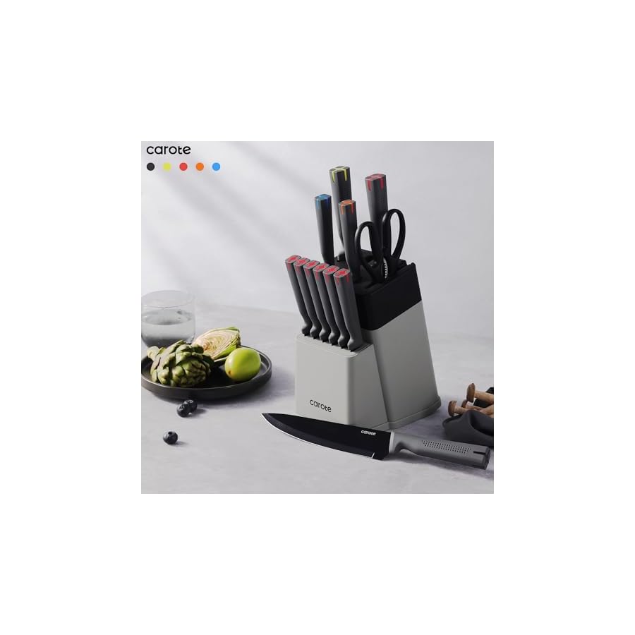 CAROTE 14Pcs Kitchen Knife Set, Stainless Steel knife set with ABS Block, Rustproof Cutlery with Ceramic Surface, 6 Steak Knives