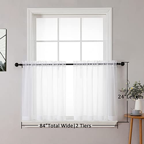Image of Chyhomenyc Sheer White Tier Curtains 24 Inch Length Set, Small Window Curtains Treatment for Bathroom /Living Room /Cafe /Basement, Short Voile Curtain Tiers 42in x 24in, Rod Pocket, 2 PCS