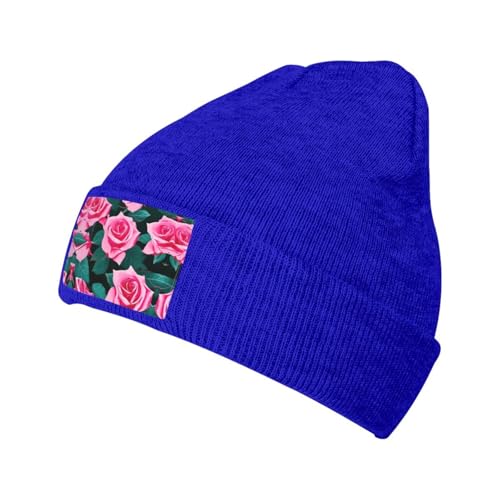 MDATT Gorro de punto con diseño de rosas rojas para hombres y mujeres, gorro de invierno para mujeres y hombres, suave, cálido, unisex, azul, Talla única