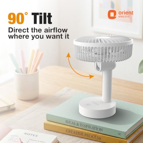 Image of Orient Electric Elfie Rechargeable Personal Fan | 90 Adjustable Airflow | 1800 mAh Battery | 4 Speed Modes | Quiet Operation | USB Type-C Charging | Compact Mini Fan | Cloud White