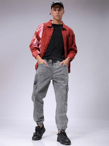 Image of The Indian Garage Co Men Regular Fit Solid Mid-Rise Stretchable Denim Cargo Joggers