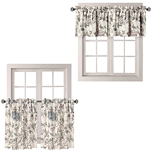 H.versailtex Window Curtain Valances 58" W X 15" L (1 Piece) Bundles Kitchen Windows Rod Pocket Small Curtains 29" W X 45" L (2 Panels) - Vintage Floral Pattern In Sage And Brown #TOP11