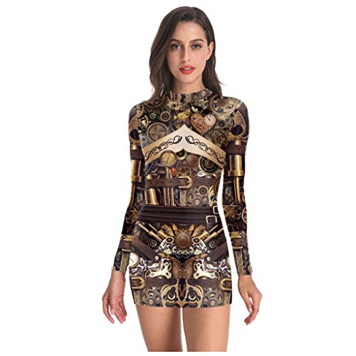H.eternal(TM) Women Machine Print Fancy Dress Round Neck Zipper Long Sleeve Mini Slim Dress Cosplay Costumes Gold