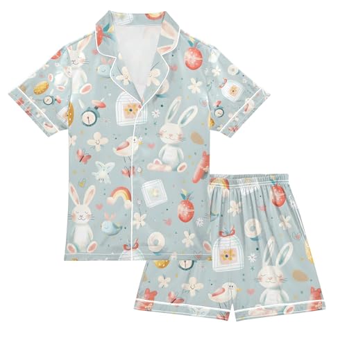 senya Rabbit and Rainbow Satin Summer Pajama Sets Silk Short Sleeve Button Down Sleepwear