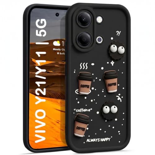 Image of TRUEUPGRADE Back Case Cover Compatible for Vivo Y21 / Vivo Y11 5G | Cute Fun Cartoon 3D Ball | Coffee Silicone Case | Camera Protection | Body Protection |Shock Proof | Color Black