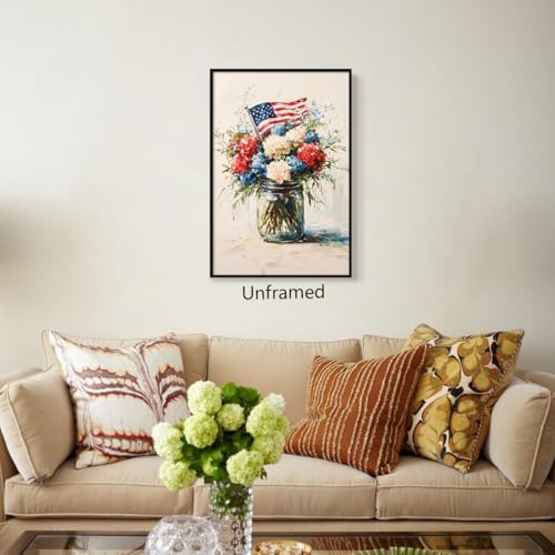 Image of American Flag Canvas Wall Art, 4th of July Patriotic Poster Print, USA Flag and Colorful Vase Flowers Picture, Rustic Independence Day Wall Decor for Bedroom Living Room 24x36in Unframed