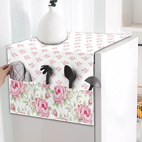 ZFRXIGN Pink Flower Rose Fridge Cover Dust Oil Proof Cloth Linen Machine Protector Decorative Refrigerator Appliance Cover with Side Storage Pockets