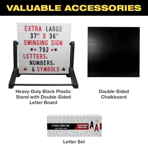 Excello Global Products Swinging Changable Message Sidewalk Sign: 37" x 36" Sign with 792 Pre-Cut Double Sided Letters and Storage Box. Includes Black Sign Board & 4 Liquid Chalkboard & Letter Board