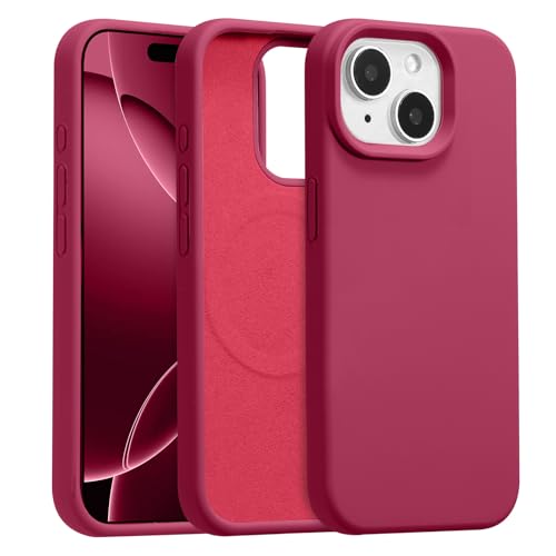 UCASONG Magnetic for iPhone 14 Plus/15 Plus -6.7Inch Liquid Silicone Phone Case, Compatible with MagSafe, Cute Plain Solid Color Slim Case Soft Smooth Matte Shockproof Protective Cover, Rose Red