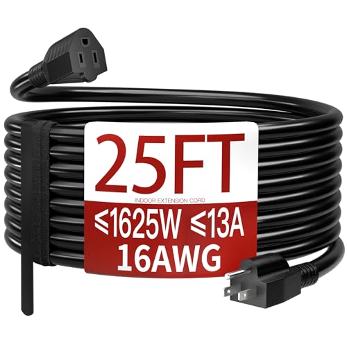 Image of Skrizcable 16 /3 25 Ft Indoor Black Extension Cord, Flexible & Flame Retardant Black 3 Prong Power Cord Indoor for Home and Office, 13 Amps 1625 Watts 125 VAC 16AWG, ETL Listed