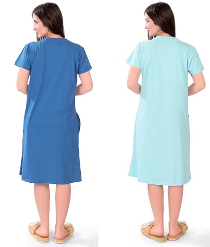 Image of Printed Knee Length Pocket Night Dresses for Women | Cat Lover | Premium Soft Cotton Nighty | Blue and Maroon
