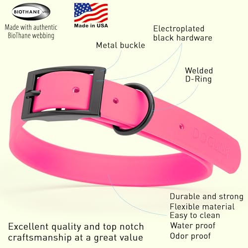 Image of Dogline Biothane Waterproof Dog Collar Strong Coated Nylon Webbing with Black Hardware Odor- Proof for Easy Care Easy to Clean High Performance Fits Small Medium or Large Dogs, Passionfruit Pink