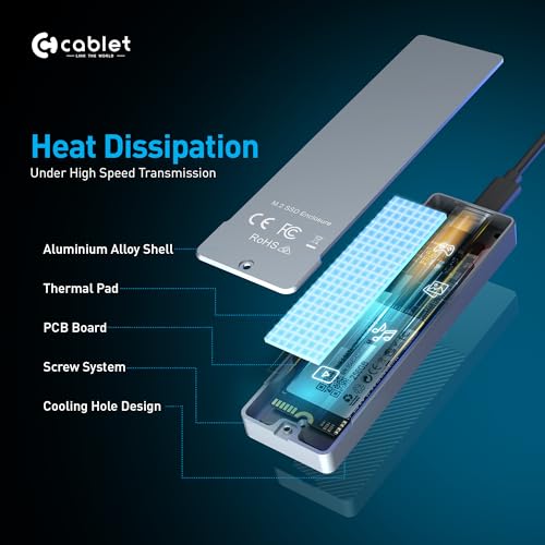 Image of Cablet M.2 NVMe /NGFF SSD Enclosure USB 3.1 Gen2 10Gbps for 2242 /2260 /2280 M-Key /M+B Key PCIe SSD, Supports Dual Protocol NVMe and NGFF SSD, UASP Max 2TB, Aluminium Case