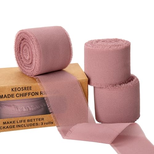 KEOSREE 3 Rolls Dusty Rose Handmade Chiffon Ribbon,1.5' x 21Yd Frayed Fringe Silk Mauve Ribbons (3 Rolls *7Yd) for Gifts Wrapping, Wedding Invitations, Bridal Bouquets, Decorations