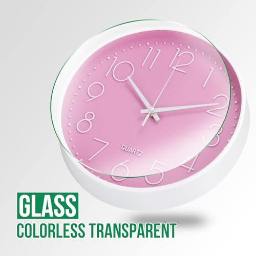 Image of Wall Clock Non-Ticking Silent Modern Simple Style Round Decor Clock Stereoscopic Dial Quartz Wall Clocks for Home /Office /School /Living Room /Bedroom /Kitchen (Pink, 8inch)