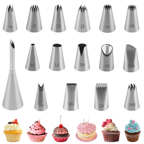 16pcs Douilles Pâtisserie Grandes Inox Professionnelles, Embouts pour Poche à Douille, Grandes Buses + 1 Douille à Choux, Accessoires Décoration Gâteaux Cupcakes...