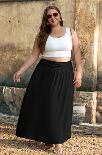 OLRIK Plus Size Maxi Skirt with Pockets 2025 Summer Elastic High Waisted A-Line Flowy Long Skirts3