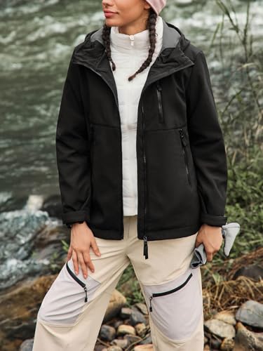 Yousify Womens Softshell Jacket with Hood Fleece Lined Waterproof Warm Hoodie Light Hooded Jacket for Outdoor Hiking3