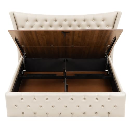 Image of Wakefit Bed | King (78 X 72) Solid Wood Bed, Upholstered, Hydraulic, 3 Year Warranty | - Lovejoy - Beige