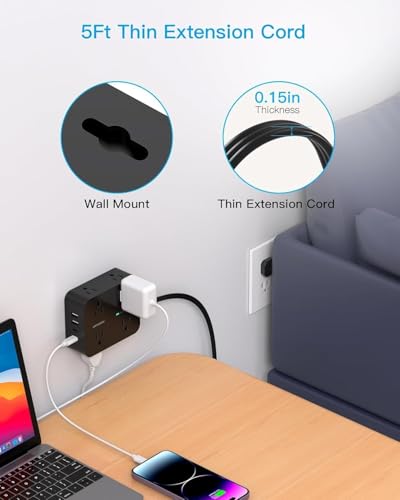 Power Bar Surge Protector, 5 Ft Flat Plug Exetnsion Cord with Multiple Outlets, Power Strip with 4 USB Ports(2 USB C), Wall Mount for Home Office College Dorm Room Essentials, ETI  image 1