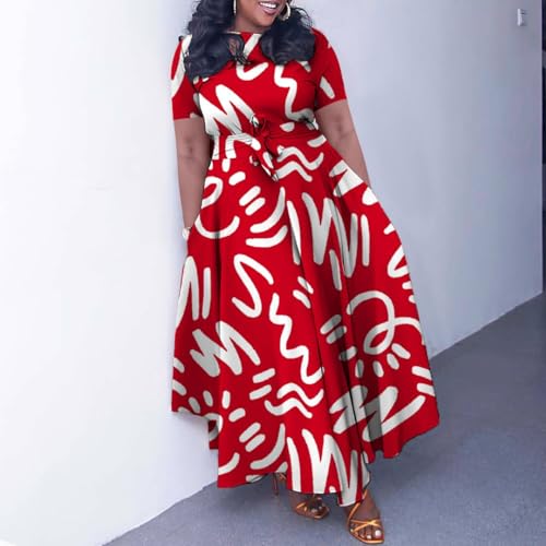 Image of BFFBABY Plus Size Dress A Line Dresses for Women Summer Long Dresses with Sleeve Casual Belted