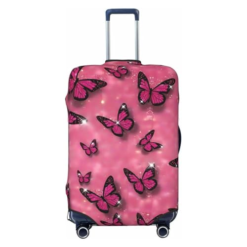 Glittering Pink Butterfly Print Luggage Cover Elasticated Suitcase Covers TSA Approved Stylish Scratch Washable Resistant Case Protector for Kids and Adults