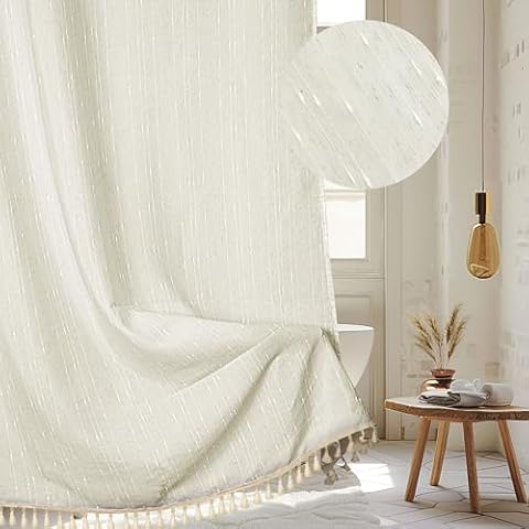 Cream Linen Natural Shower Curtain with Tassel, 72 x 72 Boho Farmhouse Shower Curtain Country Linen Blend Textured Modern Neutral Minimalist Water Repellent Fabric Ivory Curtain for Bathroom Cover