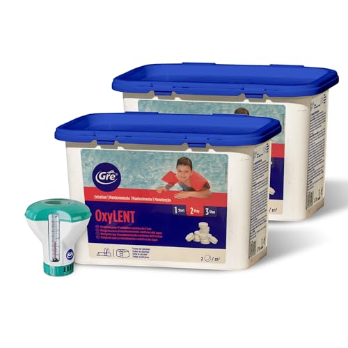 Oxígeno activo Gre en pastillas de 20 g – Oxi Lent 2,4 kg (1,2 x 2) + Dosificador flotante para piscina y spa hidromasaje