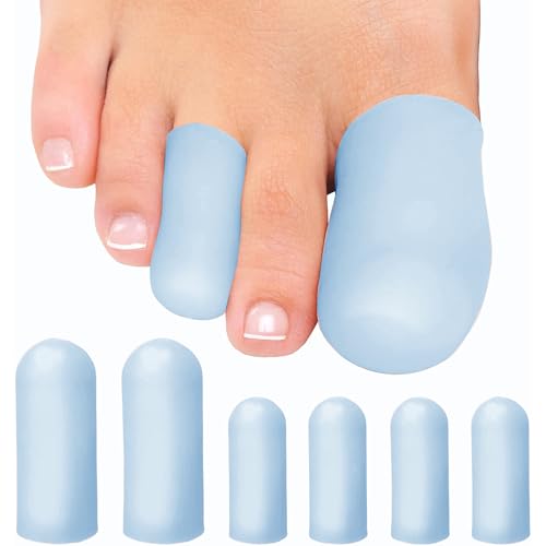 Image of Soft Gel Toe Caps with Healing Coconut Oil - 6 Reusable Small & Big Toe Protectors for Ingrown or Missing Toenails, Corns, Calluses & Blister Relief