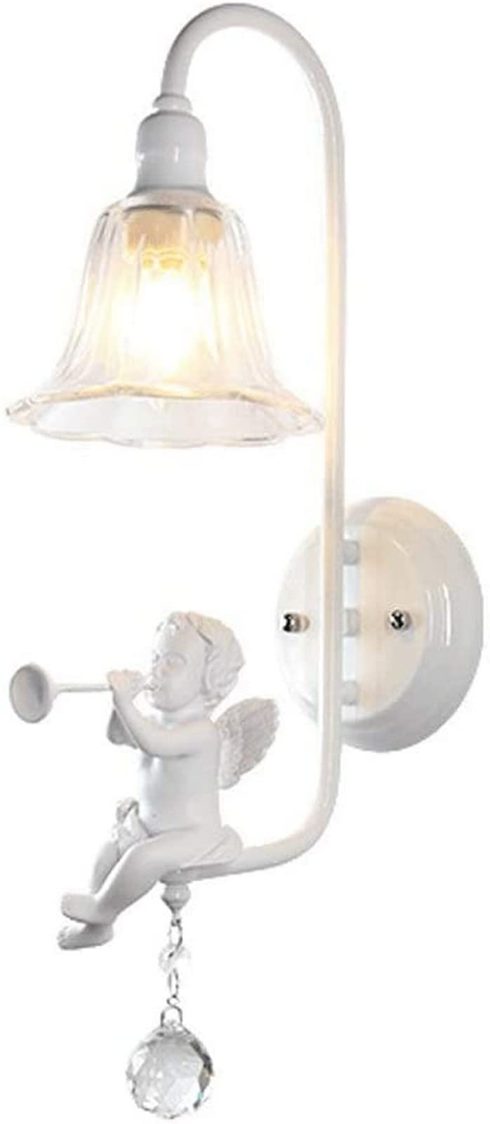 JKJZSALJ Wall Light Clear Crystal Glass Lampshade White Metal Wall Light Modern Wall Lamp with Resin Angel, European Style Hardwired Wall Sconces Compatible with Liv,White-A,White-A