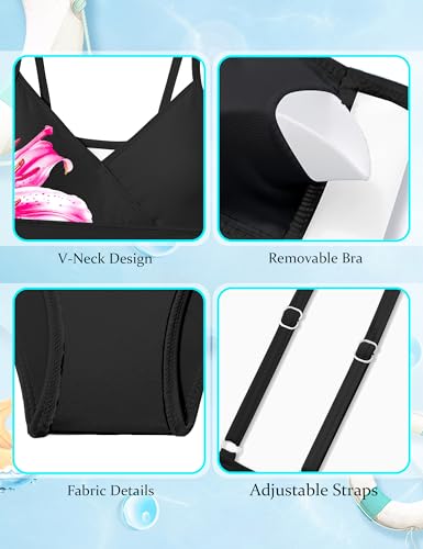 Image of Girls Swimsuit V Neck Bikini Set Color Block with Cover Up 3Pcs Bathing Suits