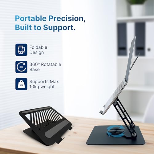 Image of Geonix Trek T2 Foldable Laptop Stand with 360 Rotating Base |Max 10 Kg | Multi-Angle & Height Adjustable Design | Improves Air Flow | Carbon Steel Build with Non-Slip Pads | Support Upto 17 inch (Black)