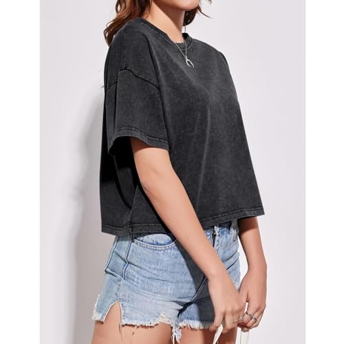Cotton Loose Crop Tops for Women Acid Wash Cropped T Shirts Trendy Vintage Basic Tees Casual Short Sleeve Tshirt3
