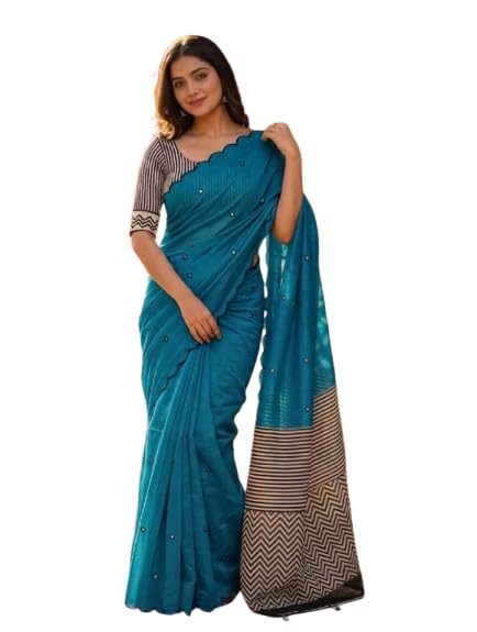Image of Linen Cotton Saree with Black Mirror Work | New