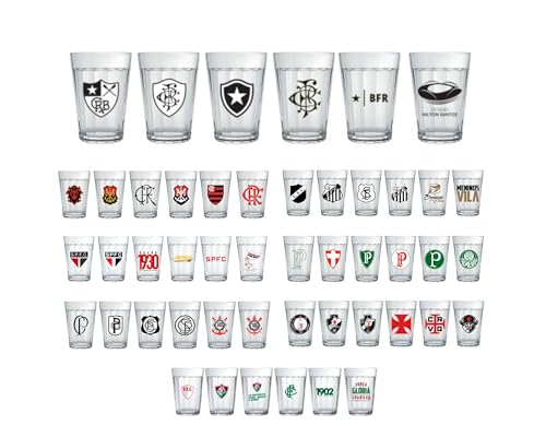 Conjunto com 6 Copos Americanos em Vidro Estampa Escudos Históricos Times Brasileiros Capacidade de