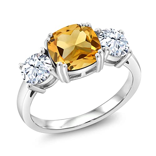Gem Stone King 4.50 Cttw Yellow Citrine 3 Stone Engagement Ring For Women | 925 Sterling Silver | Gemstone November Birthstone | Cushion 8MM | Available in Size 5,6,7,8,9