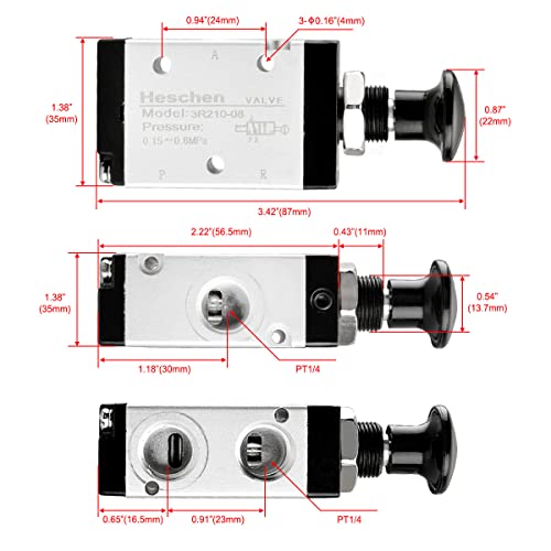 Heschen Válvula de aire neumática 3R210-08 3 vías 2 posición PT1/4 aire manual de control con accesorios y silenciador