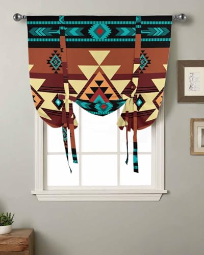 Turquoise Red Tie Up Curtains for Windows 45 Inch Length Balloon Curtains Kitchen Adjustable Balloon Window Shade Southwest American Native Abstract Pattern Tie Up Bathroom Curtain Window 52