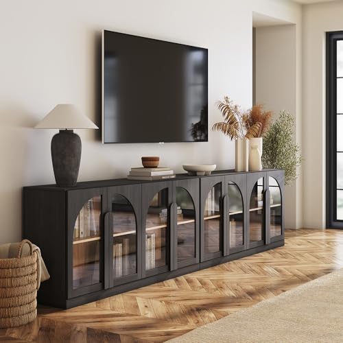 Image of BELLEZE Set of 2 Bijou 64 inch Modern Buffet Sideboard, Mid-Century Arched Glass Door Cabinet, Wood Grain Storage Console for Living Room, Kitchen, Entryway - Ebony