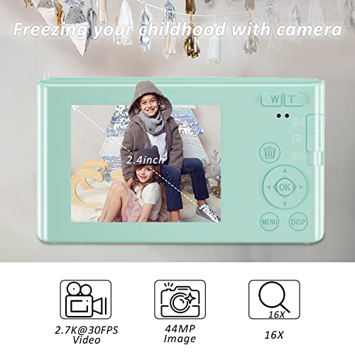 Digital Camera for Kids Boys and Girls, 2.7K 44MP Mini Camera Children\'s Camera Vlogging Camera for Students, Teens, Adult with 2 Rechargeable Batteries,16X Digital Zoom, 2.4\" Screen(Green)