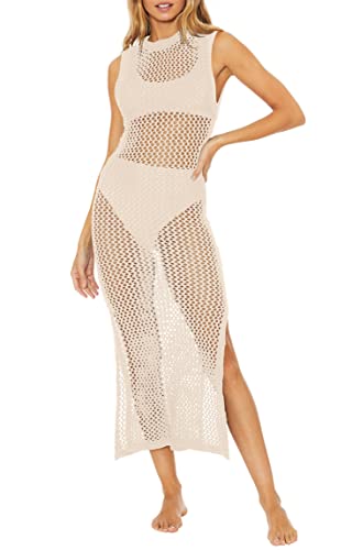 Ebifin Womens Sexy Cover Ups Crochet Dress Sleeveless Crew Neck Hollow Out Beach Cover Up Side Slit Knit Midi Dresses