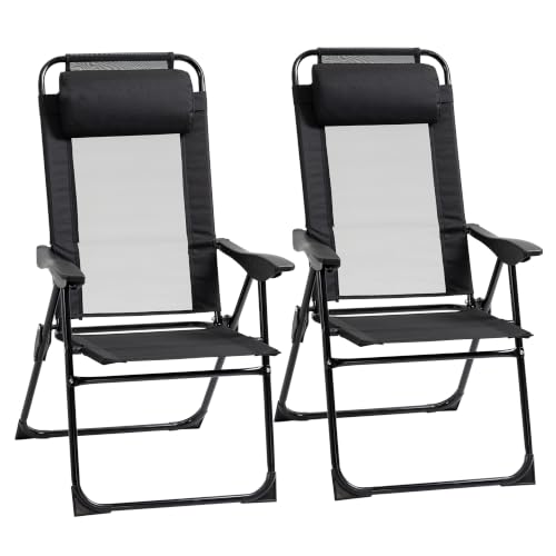 Image of Outsunny Set of 2 Portable Folding Recliner Metal Outdoor Patio Chaise Lounge Chairs with Adjustable Backrest, Black