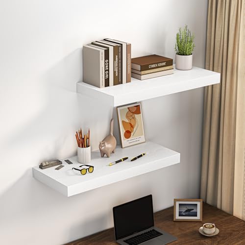 Image of Dreamland 32 inch Floating Shelves for Wall, 12 inch Deep Thicker White Floating Shelves, Wall-Mounted Shelves for Bedroom, Living Room, Kitchen, Bathroom - Set of 2