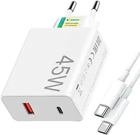 Carregador Turbo 45W com Cabo Tipo-C, Fonte USB-C Bivolt Homologada pela Anatel, Carregador Rápido para iPhone, Android, Xiaomi e Tablets