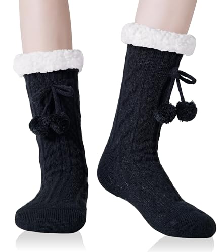 YEEKAORA Calcetines Mujer Antideslizantes, Muy Suaves y Cálidos, Calcetines Mujer Invierno de Punto Para Estar por Casa Ropa (Negro)