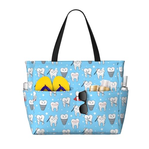Sac de plage sac à bandoulière pour femme grand cabas imprimé dents drôles