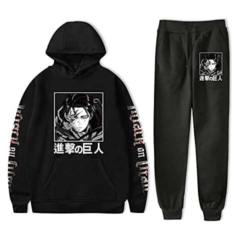 acsefire Attack on Titan Casual Chándal Hombre Mujer Anime Sudadera con Capucha de Manga Larga y Pantalones de chándal Ropa Deportiva 2 Piezas/Set Levi Ackerman Cosplay Set Cover
