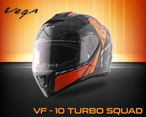 Image of Vega VF 10 Turbo Squad Full Face Riding Helmet with Shock-Absorbing Liner, Dual Tone Design, Lightweight Build, Aerodynamic Fit, Ventilated Interior, and Modern Black Orange Styling Black Orange -M