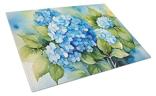 Caroline's Treasures DAC1580LCB Hydrangeas in Watercolor Glass Cutting Board Large Decorative Tempered Glass Kitchen Cutting and Serving Board Large Size Chopping Board